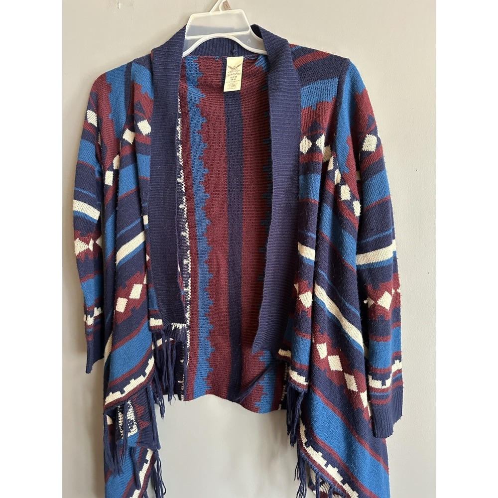 Vtg Faded Glory Boho Fringe Women Aztec South Western Print Cardigan Size Small